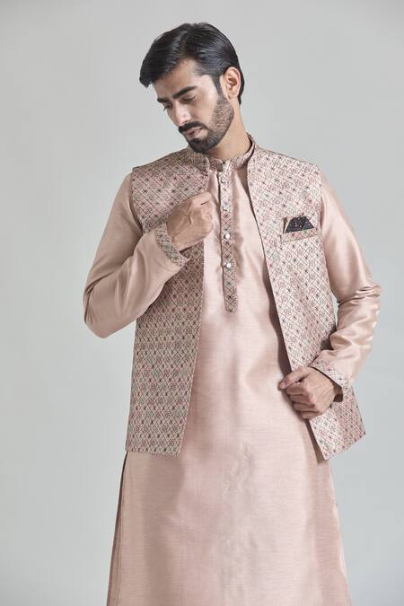 Buy Arihant Rai Sinha Beige Silk Embroidery Geometric Jaal Bundi Online at Aza Fashions Buy_Arihant Rai Sinha_Beige Silk Embroidery Geometric Jaal Bundi _Online_at_Aza_Fashions