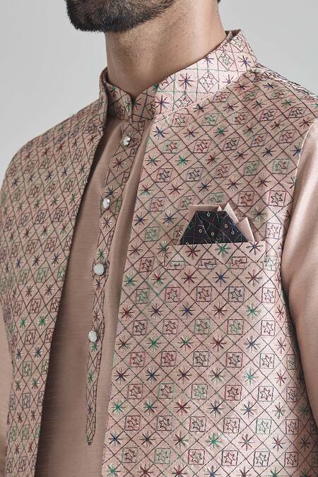 Shop Arihant Rai Sinha Beige Silk Embroidery Geometric Jaal Bundi Online at Aza Fashions Shop_Arihant Rai Sinha_Beige Silk Embroidery Geometric Jaal Bundi _Online_at_Aza_Fashions