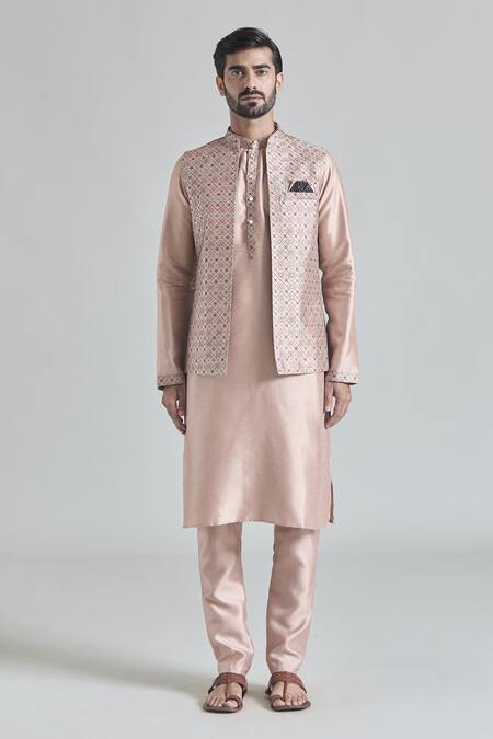 Arihant Rai Sinha Beige Silk Embroidery Geometric Jaal Bundi at Aza Fashions Arihant Rai Sinha_Beige Silk Embroidery Geometric Jaal Bundi _at_Aza_Fashions