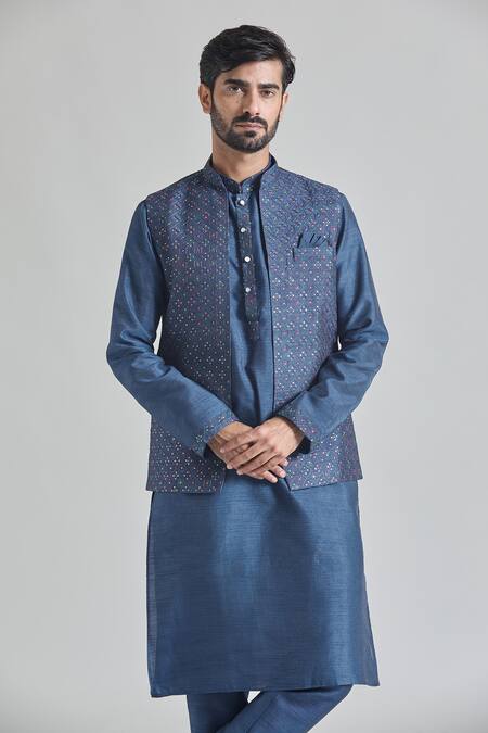 Arihant Rai Sinha Blue Silk Embroidery Geometric Thread Bundi Online at Aza Fashions Arihant Rai Sinha_Blue Silk Embroidery Geometric Thread Bundi _Online_at_Aza_Fashions