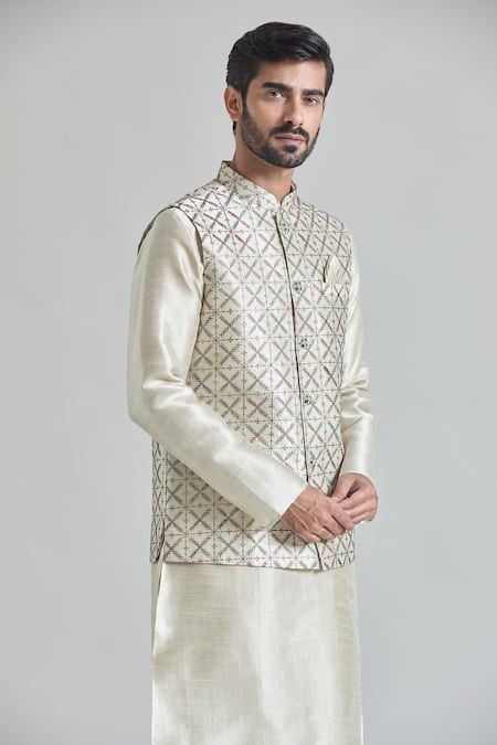 Arihant Rai Sinha_Green Silk Embroidery Thread Pista Bundi _Online_at_Aza_Fashions