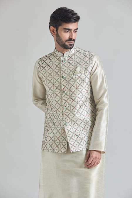 Buy_Arihant Rai Sinha_Green Silk Embroidery Thread Pista Bundi _Online_at_Aza_Fashions
