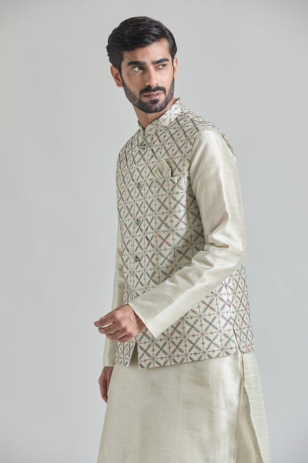 Shop_Arihant Rai Sinha_Green Silk Embroidery Thread Pista Bundi _Online_at_Aza_Fashions