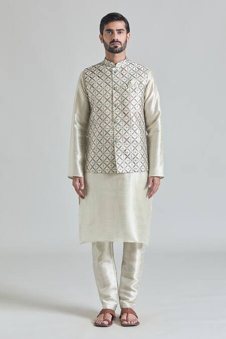 Arihant Rai Sinha_Green Silk Embroidery Thread Pista Bundi _at_Aza_Fashions