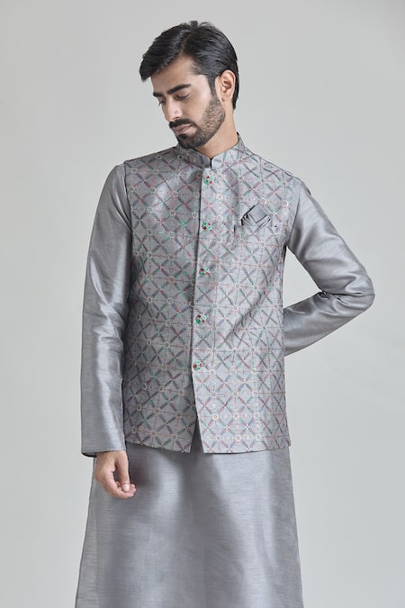 Arihant Rai Sinha_Gray Silk Embroidery Floral Jaal Thread Bundi _Online_at_Aza_Fashions