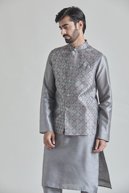 Buy_Arihant Rai Sinha_Gray Silk Embroidery Floral Jaal Thread Bundi _Online_at_Aza_Fashions