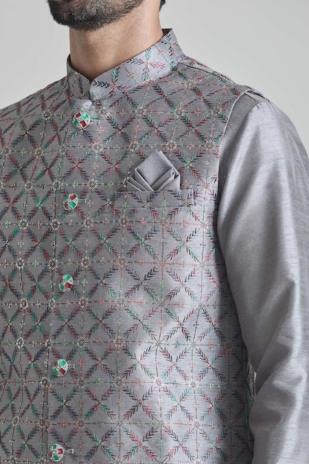 Shop_Arihant Rai Sinha_Gray Silk Embroidery Floral Jaal Thread Bundi _Online_at_Aza_Fashions