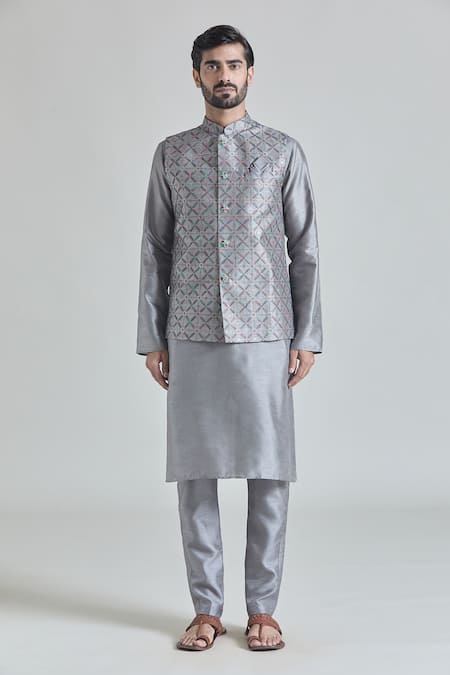 Arihant Rai Sinha_Gray Silk Embroidery Floral Jaal Thread Bundi _at_Aza_Fashions