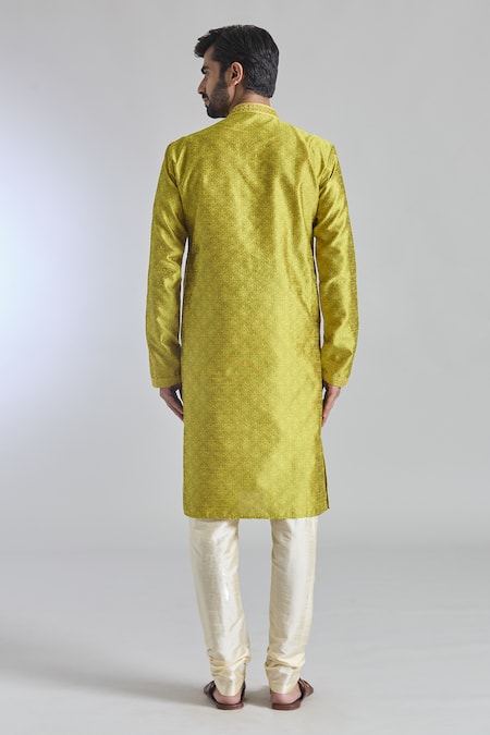 Shop Arihant Rai Sinha Gold Jacquard, Silk, Brocade Mirrors Embroidered Placket Kurta at Aza Fashions Shop_Arihant Rai Sinha_Gold Jacquard, Silk, Brocade Mirrors Embroidered Placket Kurta _at_Aza_Fashions