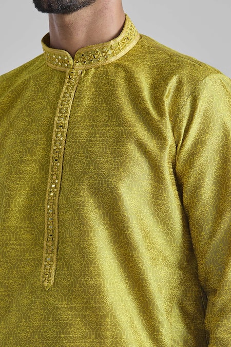 Arihant Rai Sinha Gold Jacquard, Silk, Brocade Mirrors Embroidered Placket Kurta Online at Aza Fashions Arihant Rai Sinha_Gold Jacquard, Silk, Brocade Mirrors Embroidered Placket Kurta _Online_at_Aza_Fashions