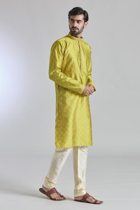 Shop Arihant Rai Sinha Gold Jacquard, Silk, Brocade Mirrors Embroidered Placket Kurta Online at Aza Fashions Shop_Arihant Rai Sinha_Gold Jacquard, Silk, Brocade Mirrors Embroidered Placket Kurta _Online_at_Aza_Fashions