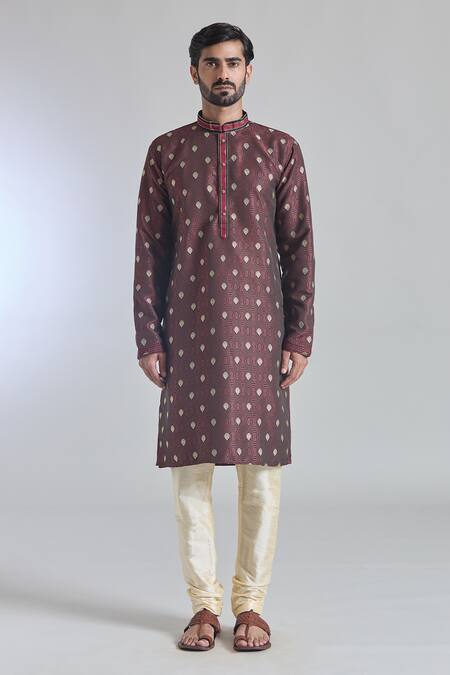 Arihant Rai Sinha_Maroon Jacquard, Silk, Brocade Woven Kurta _Online_at_Aza_Fashions