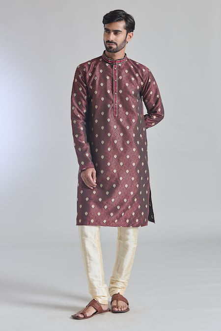 Buy_Arihant Rai Sinha_Maroon Jacquard, Silk, Brocade Woven Kurta _Online_at_Aza_Fashions
