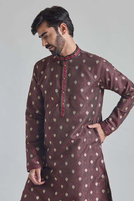 Shop_Arihant Rai Sinha_Maroon Jacquard, Silk, Brocade Woven Kurta _Online_at_Aza_Fashions