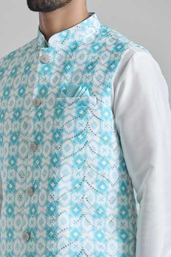 Buy_Arihant Rai Sinha_Blue Brocade, Silk Sequins Printed Embroidered Bundi Kurta Set _Online_at_Aza_Fashions