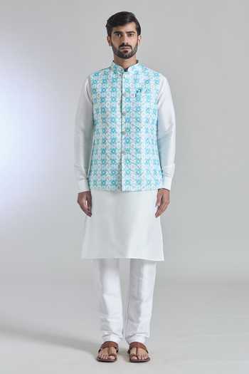 Shop_Arihant Rai Sinha_Blue Brocade, Silk Sequins Printed Embroidered Bundi Kurta Set _Online_at_Aza_Fashions