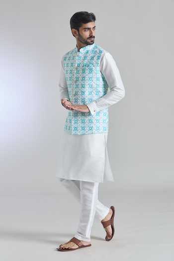 Arihant Rai Sinha_Blue Brocade, Silk Sequins Printed Embroidered Bundi Kurta Set _at_Aza_Fashions