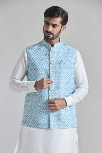 Buy_Arihant Rai Sinha_Blue Brocade, Silk Sequins Printed Work Bundi Kurta Set _Online_at_Aza_Fashions