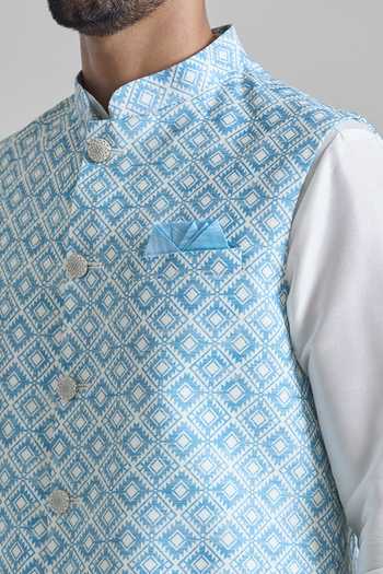 Shop_Arihant Rai Sinha_Blue Brocade, Silk Sequins Printed Work Bundi Kurta Set _Online_at_Aza_Fashions