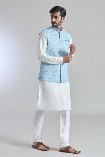 Arihant Rai Sinha_Blue Brocade, Silk Sequins Printed Work Bundi Kurta Set _at_Aza_Fashions