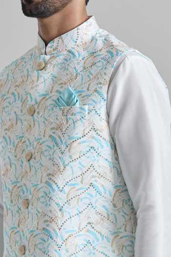 Buy Arihant Rai Sinha Blue Silk Sequins, Embroidery Printed Work Bundi Kurta Set Online at Aza Fashions Buy_Arihant Rai Sinha_Blue Silk Sequins, Embroidery Printed Work Bundi Kurta Set _Online_at_Aza_Fashions