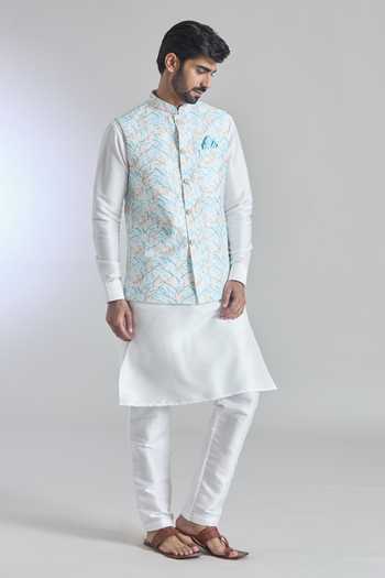 Shop Arihant Rai Sinha Blue Silk Sequins, Embroidery Printed Work Bundi Kurta Set Online at Aza Fashions Shop_Arihant Rai Sinha_Blue Silk Sequins, Embroidery Printed Work Bundi Kurta Set _Online_at_Aza_Fashions