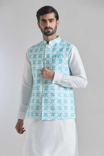 Shop Arihant Rai Sinha Blue Silk Sequins Embroidered Bundi at Aza Fashions Shop_Arihant Rai Sinha_Blue Silk Sequins Embroidered Bundi _at_Aza_Fashions