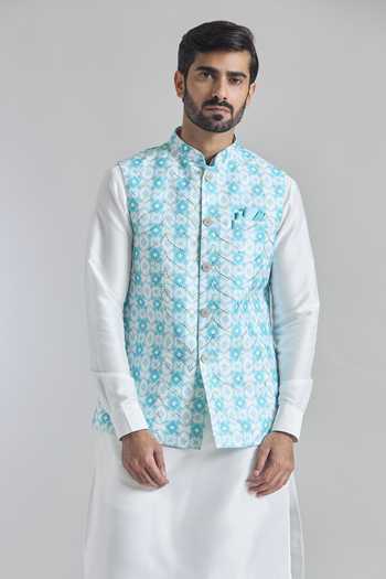 Shop Arihant Rai Sinha Blue Silk Sequins Embroidered Bundi Online at Aza Fashions Shop_Arihant Rai Sinha_Blue Silk Sequins Embroidered Bundi _Online_at_Aza_Fashions