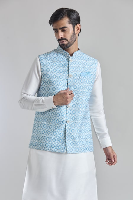 Arihant Rai Sinha Blue Art Silk Printed Sequin Work Bundi 