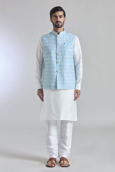 Shop_Arihant Rai Sinha_Blue Silk Sequins Printed Work Bundi _Online_at_Aza_Fashions