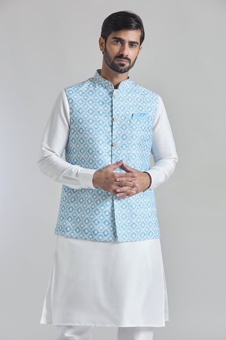 Arihant Rai Sinha_Blue Silk Sequins Printed Work Bundi _at_Aza_Fashions