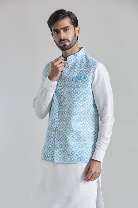 Buy_Arihant Rai Sinha_Blue Silk Sequins Printed Work Bundi 