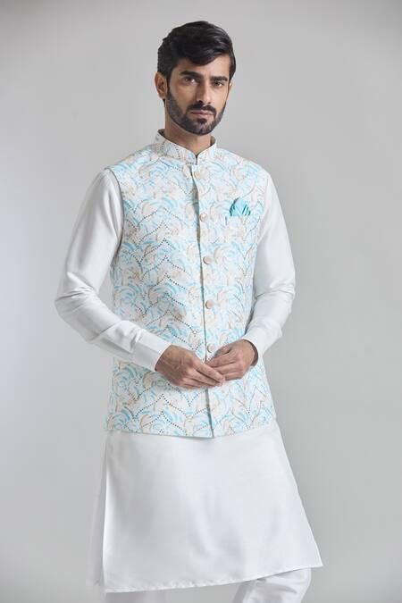 Buy_Arihant Rai Sinha_Blue Silk Sequins Digital Art Print Bundi _Online_at_Aza_Fashions