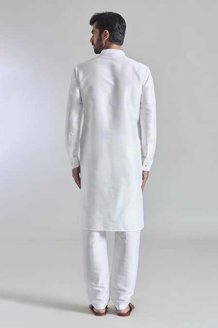 Shop_Arihant Rai Sinha_Off White Silk Plain Band Collar Kurta _at_Aza_Fashions