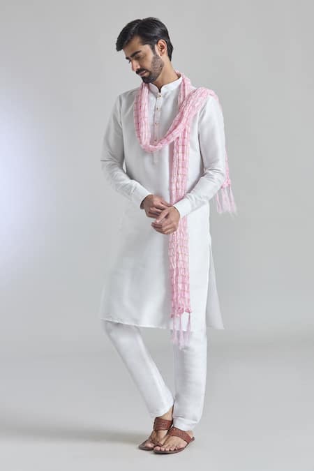Buy_Arihant Rai Sinha_Off White Silk Plain Band Collar Kurta _Online_at_Aza_Fashions