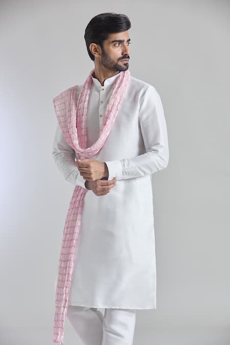Shop_Arihant Rai Sinha_Off White Silk Plain Band Collar Kurta _Online_at_Aza_Fashions