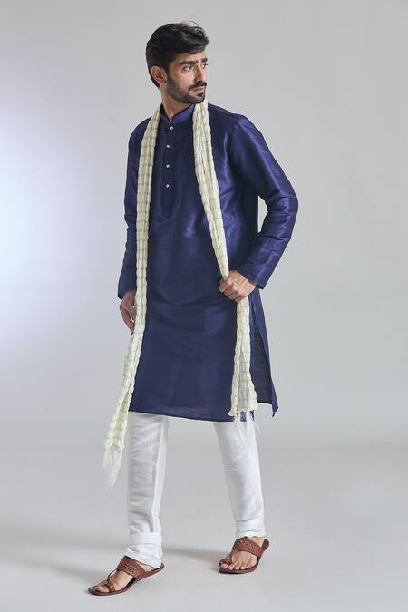 Arihant Rai Sinha_Blue Silk Plain Buttoned Placket Kurta _Online_at_Aza_Fashions