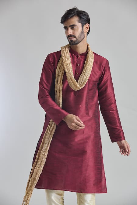 Buy_Arihant Rai Sinha_Wine Silk Plain Straight Kurta Set _Online_at_Aza_Fashions