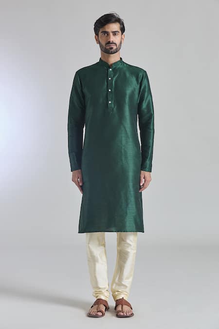 Buy_Arihant Rai Sinha_Green Silk Straight Plain Kurta _Online_at_Aza_Fashions