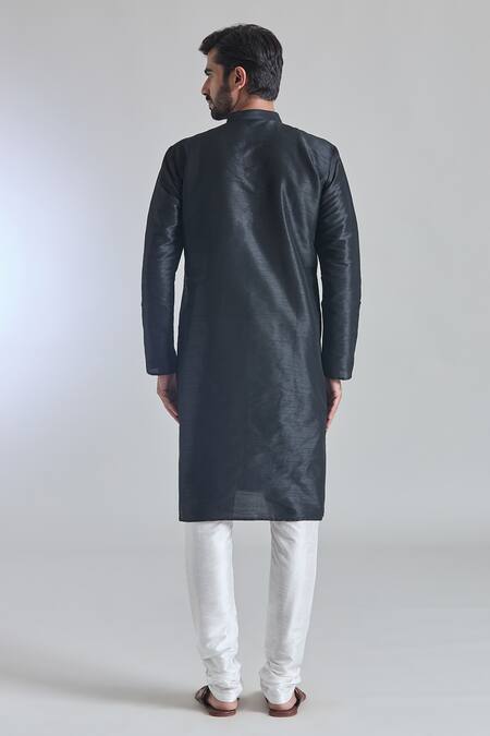 Shop_Arihant Rai Sinha_Black Silk Plain Band Collar Kurta _at_Aza_Fashions