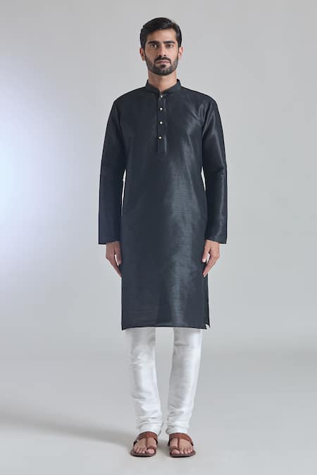 Arihant Rai Sinha_Black Silk Plain Band Collar Kurta _Online_at_Aza_Fashions