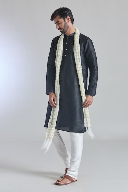 Buy_Arihant Rai Sinha_Black Silk Plain Band Collar Kurta _Online_at_Aza_Fashions