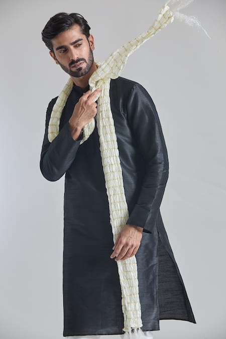 Shop_Arihant Rai Sinha_Black Silk Plain Band Collar Kurta _Online_at_Aza_Fashions