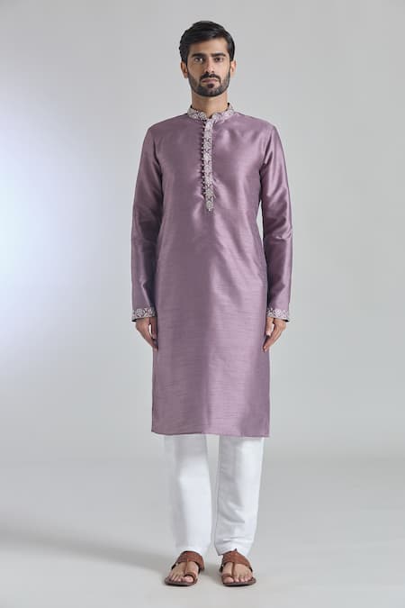 Arihant Rai Sinha Pink Silk Embroidery Plain Buttoned Placket Kurta Online at Aza Fashions Arihant Rai Sinha_Pink Silk Embroidery Plain Buttoned Placket Kurta _Online_at_Aza_Fashions