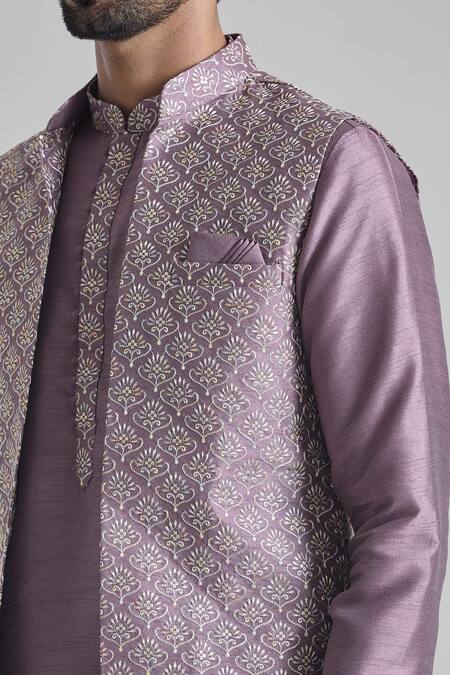 Shop_Arihant Rai Sinha_Purple Silk Embroidery Floral Thread Bundi Kurta Set _Online_at_Aza_Fashions
