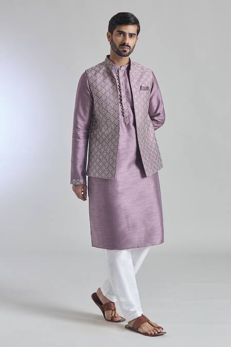 Arihant Rai Sinha_Purple Silk Embroidery Floral Thread Bundi Kurta Set _at_Aza_Fashions