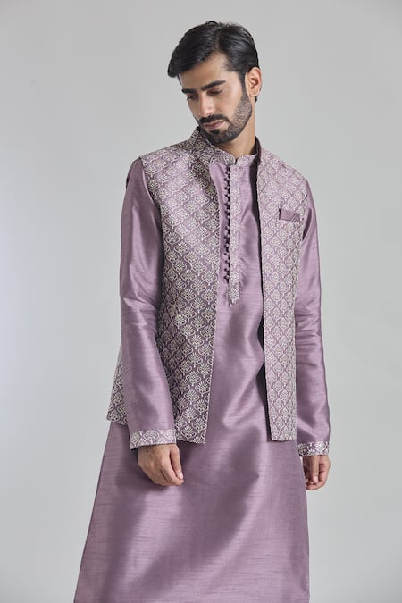 Buy_Arihant Rai Sinha_Purple Silk Embroidery Floral Thread Bundi Kurta Set 
