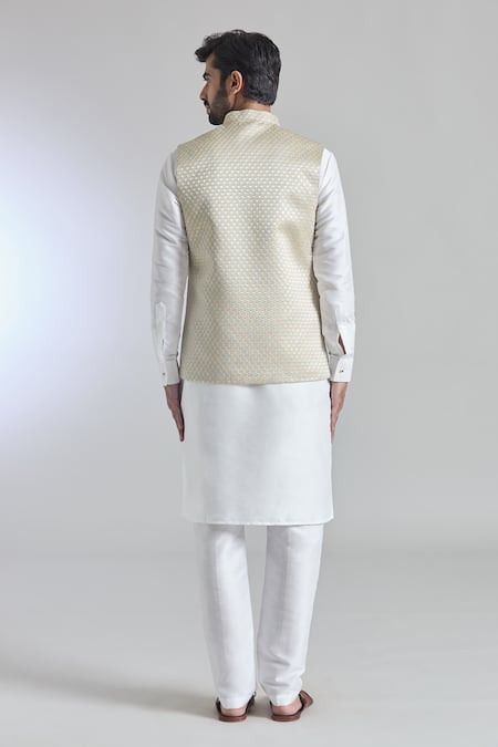 Shop_Arihant Rai Sinha_Beige Silk, Faux Leather Sequins, Embroidery Thread And Bundi Set _at_Aza_Fashions