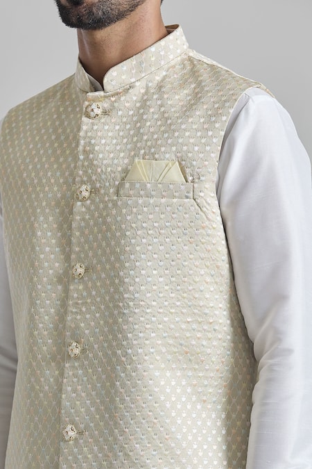 Shop_Arihant Rai Sinha_Beige Silk, Faux Leather Sequins, Embroidery Thread And Bundi Set _Online_at_Aza_Fashions