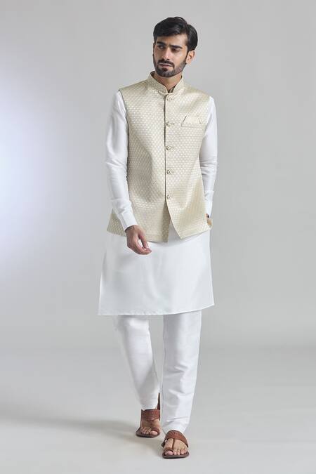 Arihant Rai Sinha_Beige Silk, Faux Leather Sequins, Embroidery Thread And Bundi Set _at_Aza_Fashions